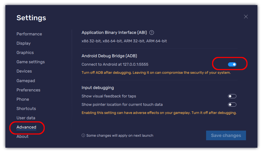 BlueStacksのAndroid Debug Bridge設定画面